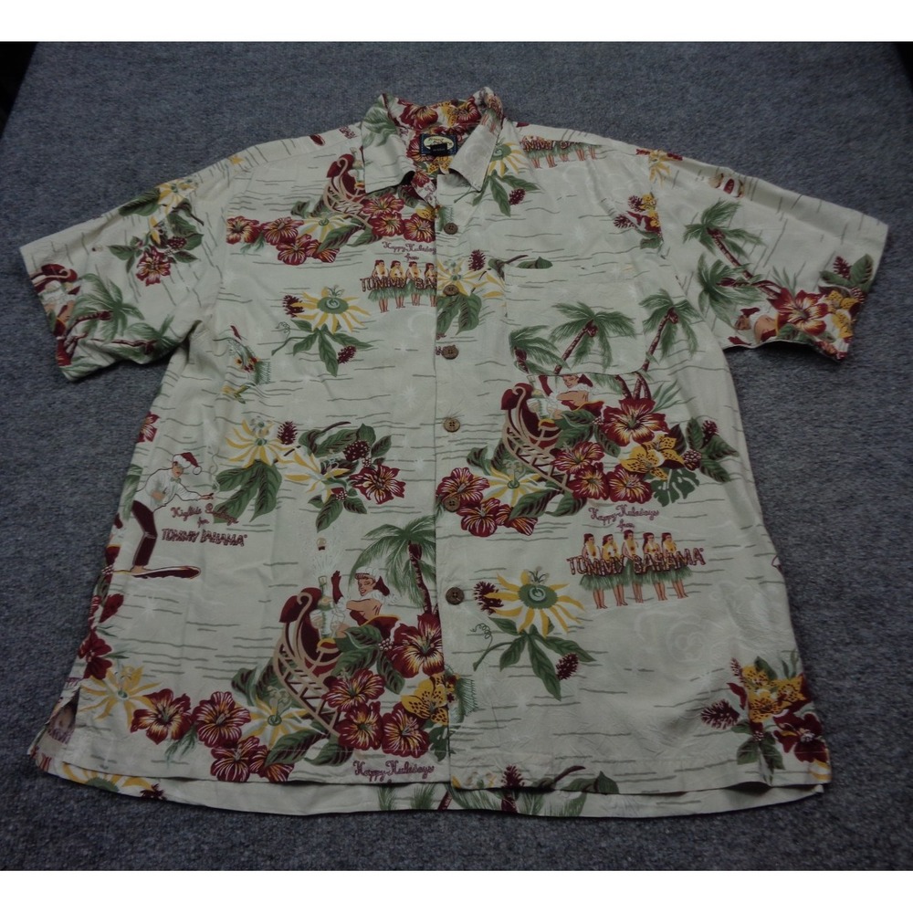 Vtg Tommy Bahama Hawaiian Shirt Mens M Happy Holidays Christmas Hula Girls Rayon